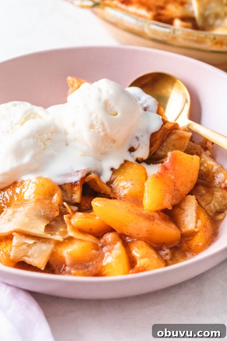 Soul Food Thanksgiving Menu 2024: 30+ Classic Recipes 42 bowl of peach cobbler with frozen peaches topped with ice cream