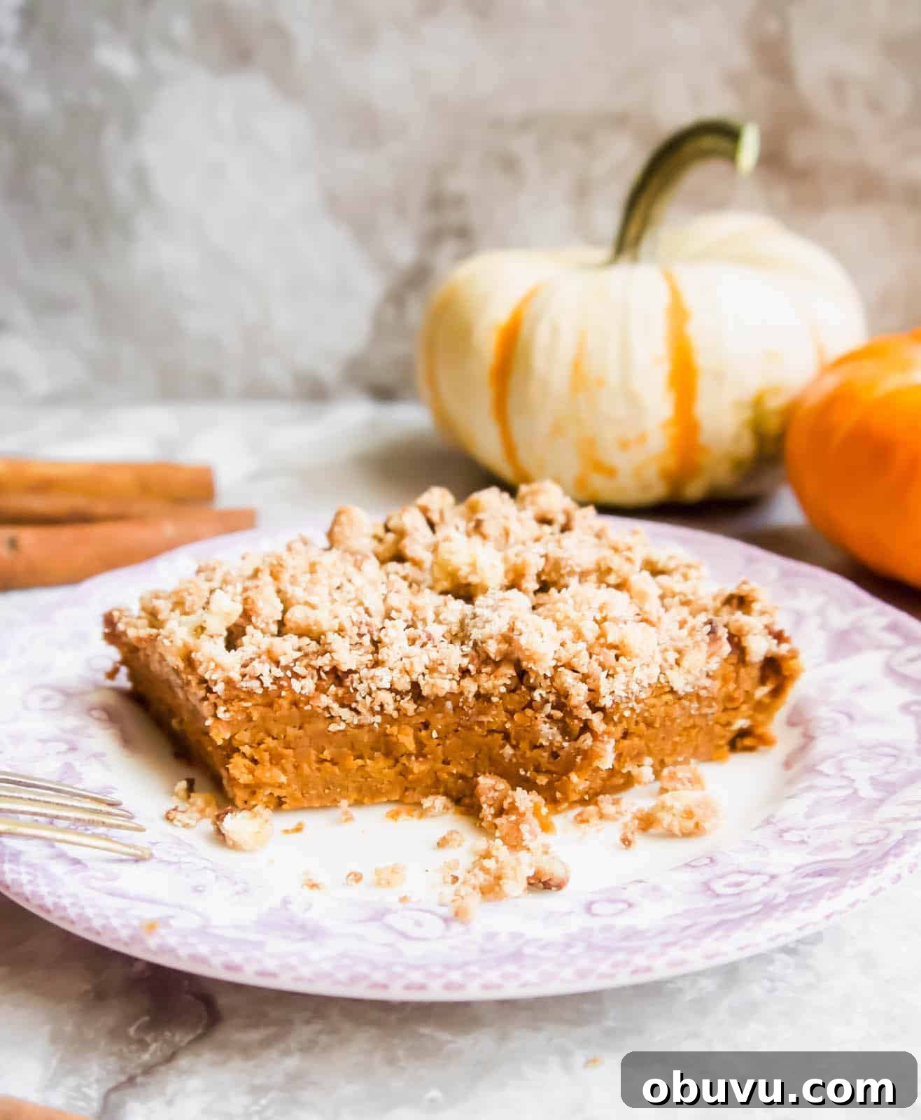 Gluten-Free Pumpkin Coffee Cake Recipe (Paleo-Friendly) 2 Gluten-free Pumpkin Coffee Cake on a plate with a bite taken out of it.