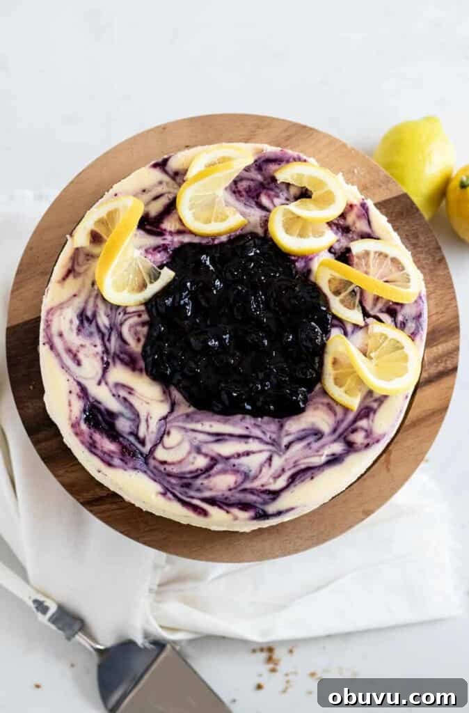 overhead view of lemon blueberry cheesecake on cake stand