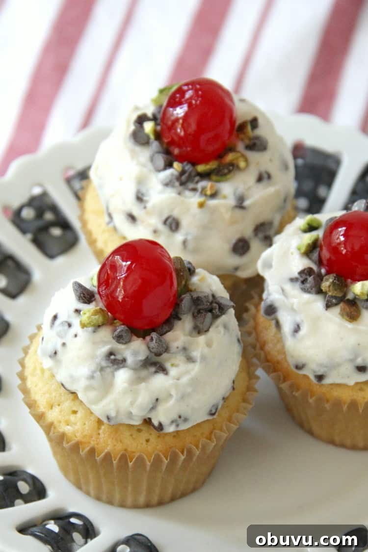 Cannoli Frosting - from scratch recipe for Italian inspired frosting cannoli cupcakes on cake stand with cannoli frosting