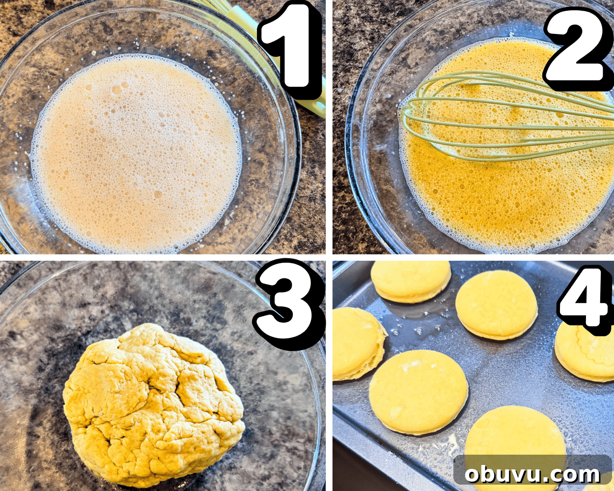 Crème Brûlée-Filled Donuts: Decadent Custard-Packed Treats 4 a 4 image collage showing how to activate yeast, mix batter, and shape and cut out dough for donuts.