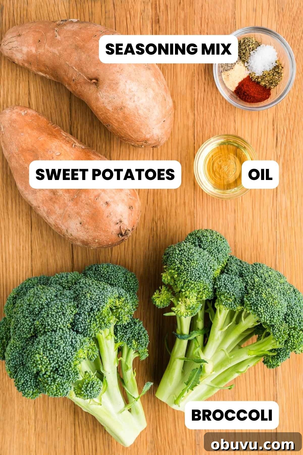 Crispy Roasted Broccoli with Maple-Sweet Potatoes 3 roasted broccoli and sweet potatoes ingredients on a board