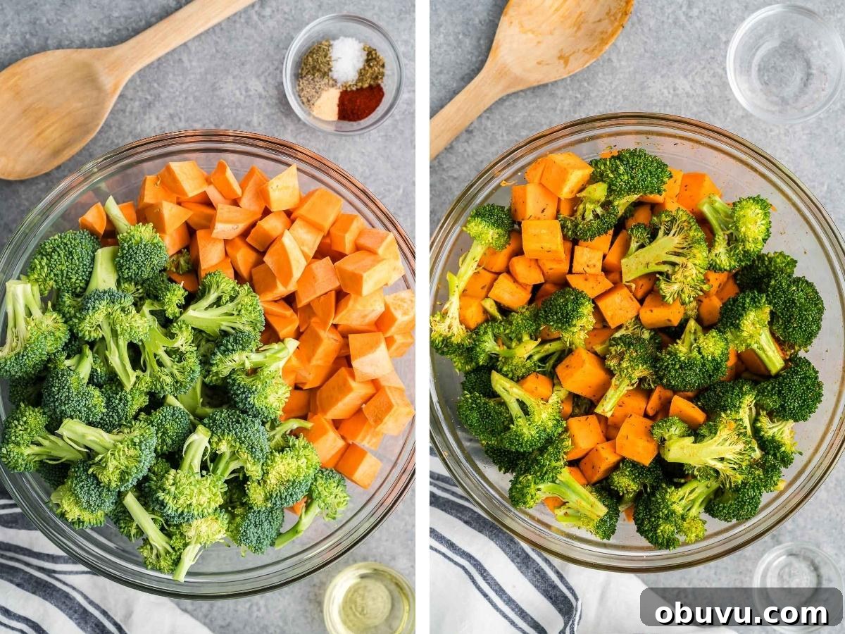 Crispy Roasted Broccoli with Maple-Sweet Potatoes 4 overhead shot of veggies in a bowl
