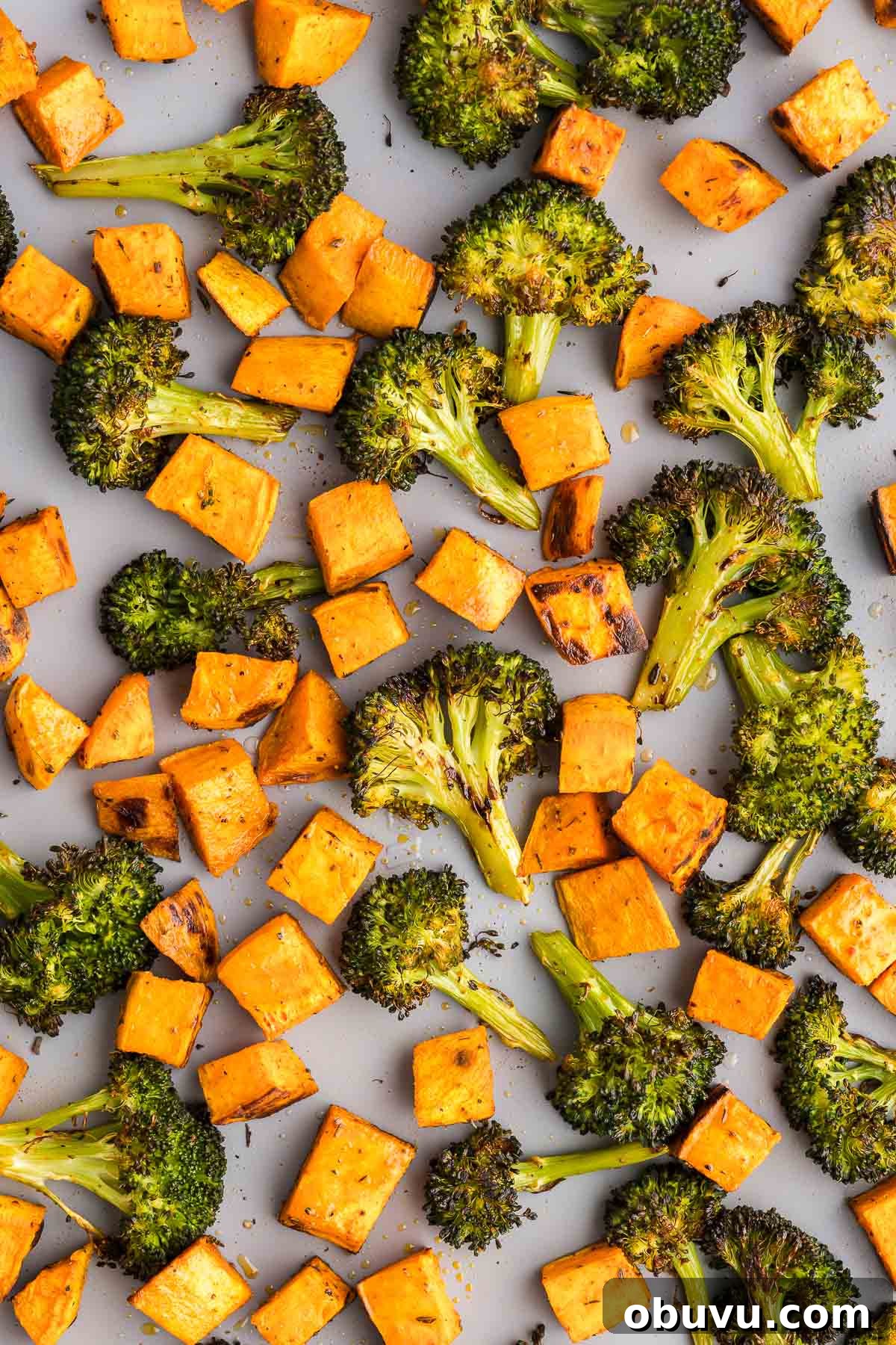 Crispy Roasted Broccoli with Maple-Sweet Potatoes 6 roasted veggies on aplate