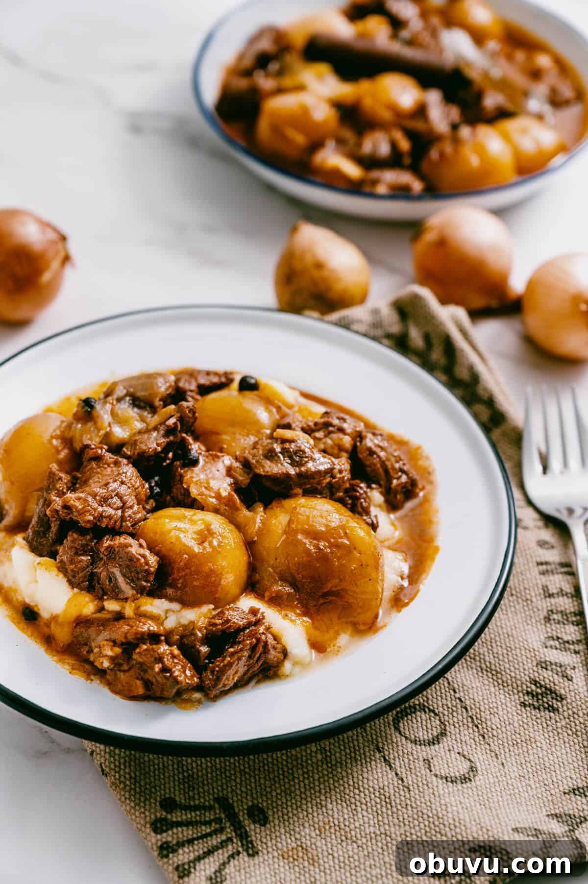 2 plates filled with Greek beef stew with a few scattered baby onions beside them.