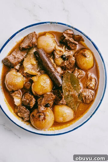 finished dish of beef stifado served in a white dish.