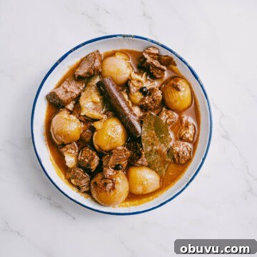 finished dish of beef stifado served in a white dish.
