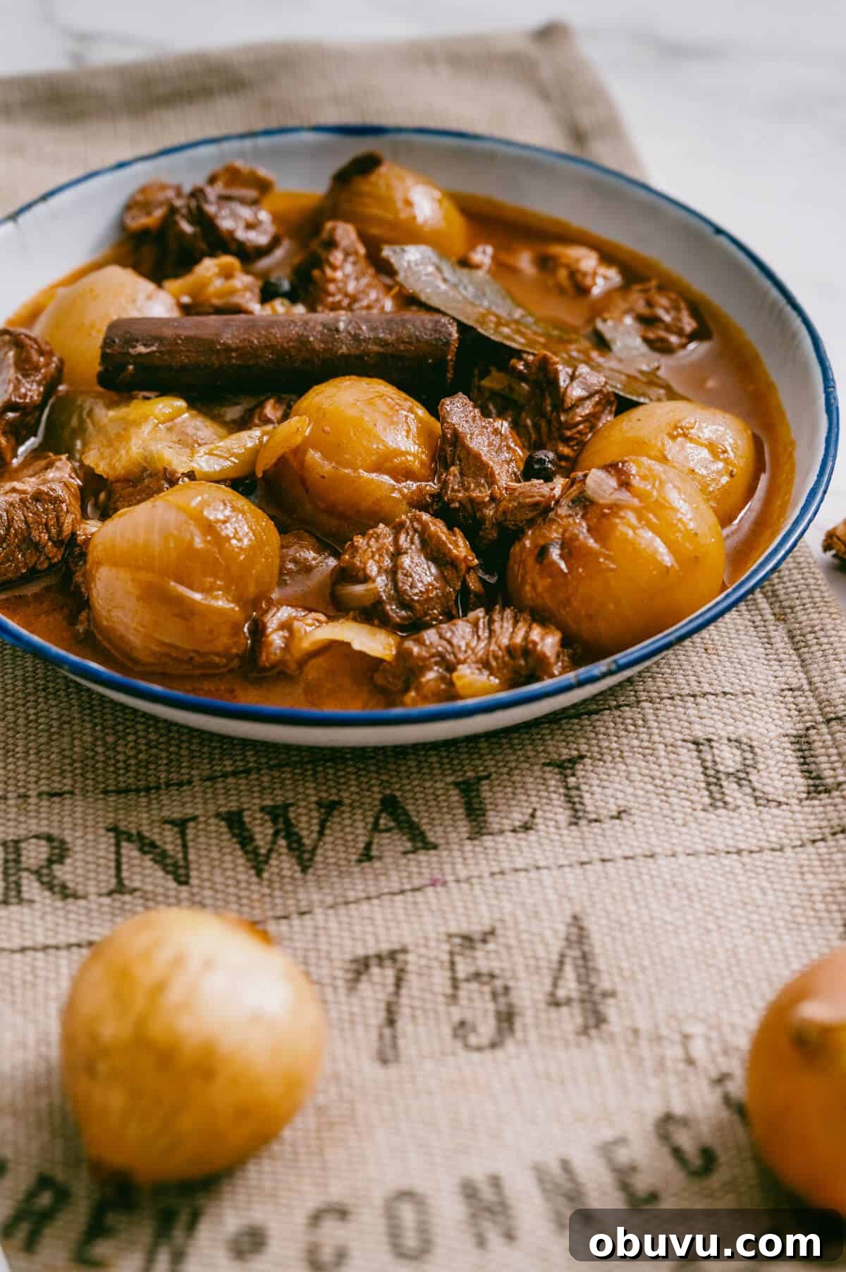 greek beef stifado stew served in a white dish.