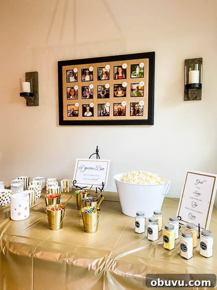 popcorn bar display set up on table with photo display bulletin board hung on wall above