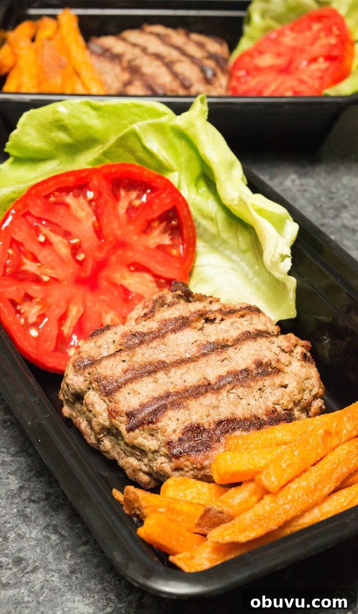 low carb burger and sweet potato fries meal prep