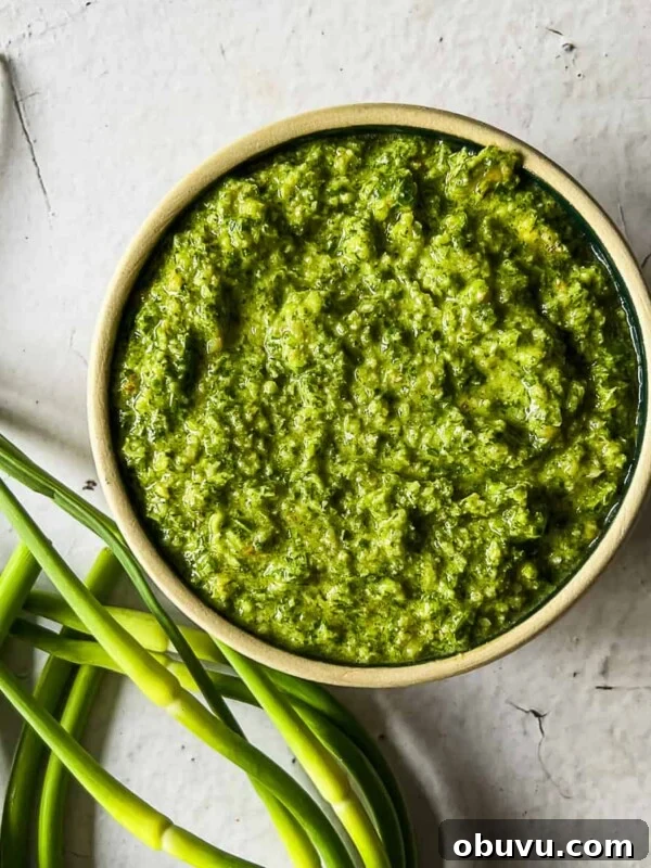 garlic scape pesto in a bowl.