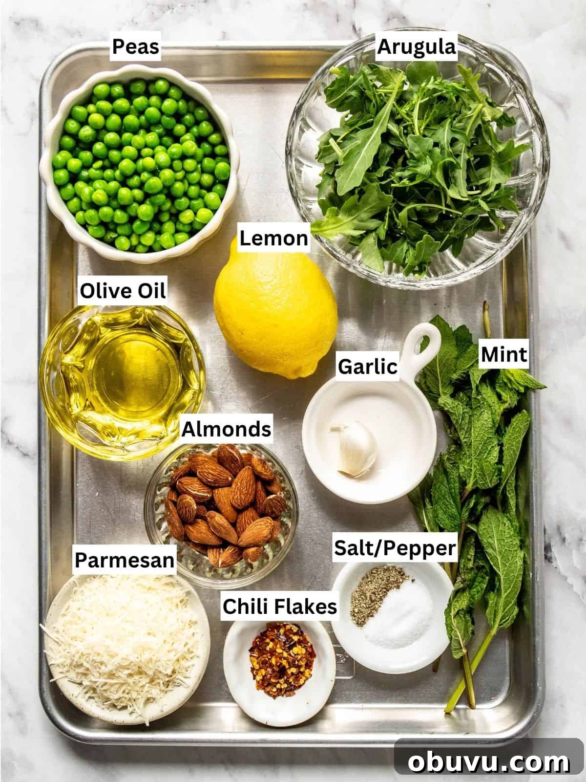 Pea Pesto recipe ingredients with individual labels on a metal tray.