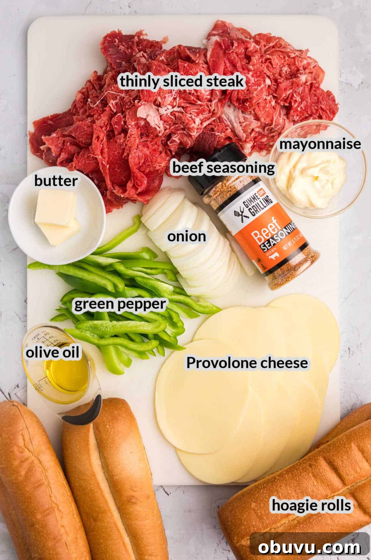 How to Make an Authentic Philly Cheesesteak on a Blackstone Griddle 3 Overhead Image of Blackstone Philly Cheesesteaks Ingredients