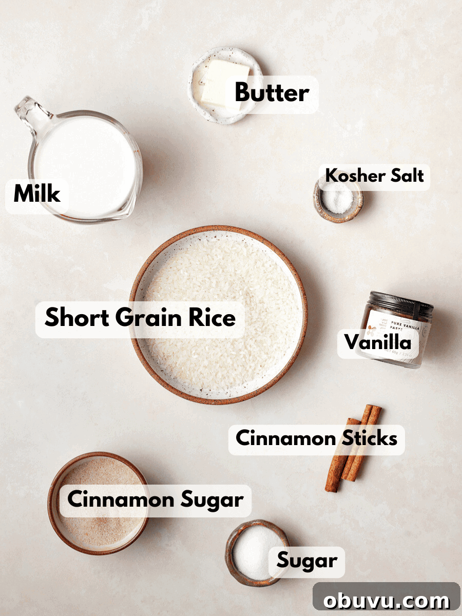 a collage of ingredients needed to make gluten free rice puddin
