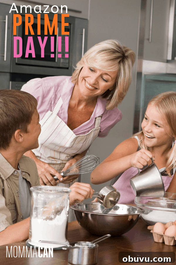 PRIME DAY DEALS FOR BUSY MOMS & FAMILIES, mom with kids in the kitchen.