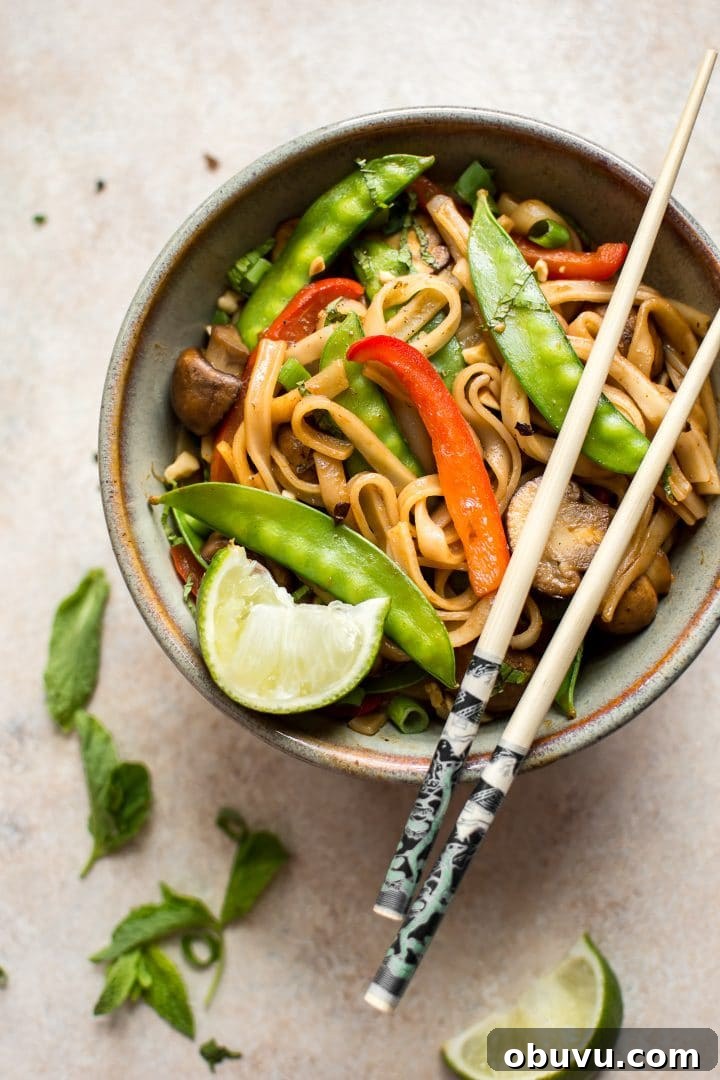 Flavorful Vegan Rice Noodle Recipes for Every Meal 4 vegan rice noodles with sriracha hoisin ginger garlic sauce in a bowl with chopsticks resting on top