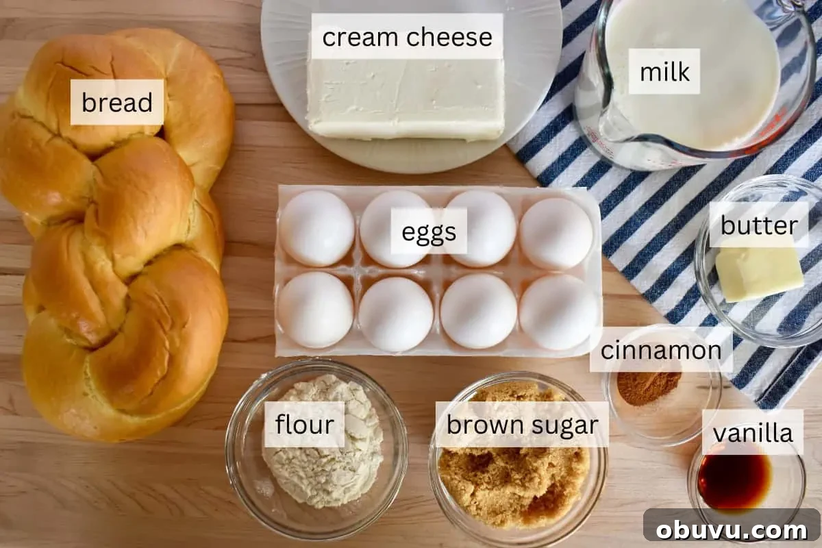 Cream Cheese Baked French Toast Casserole Recipe 4 Ingredients for recipe include bread, eggs, milk, brown sugar, and butter.