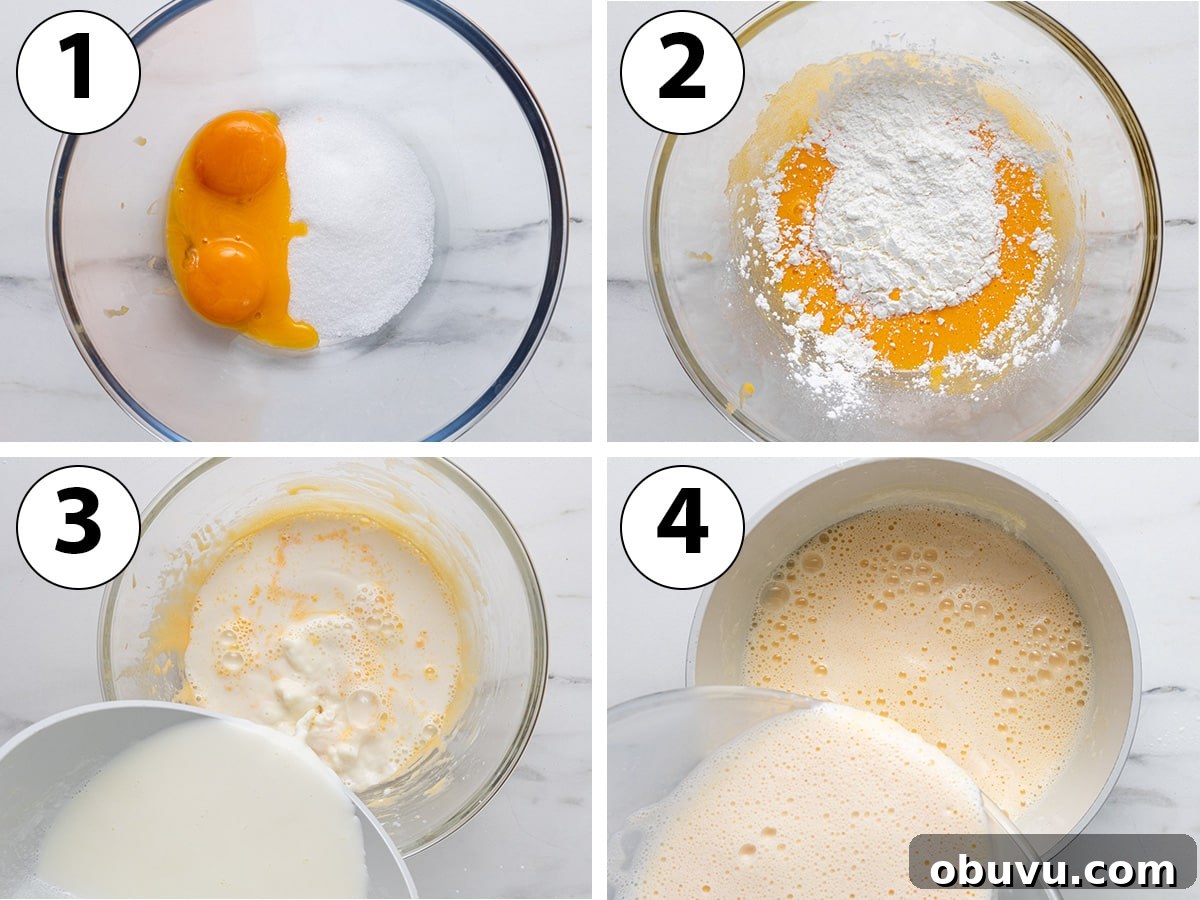 Process shot collage: mixing eggs, sugar and cornstarch then tempering with hot milk.