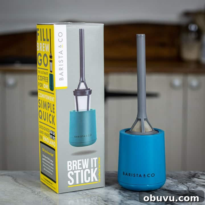 Brew It Stick Review — Is This the Ultimate Camping Coffee Maker? 4 Brew It Stick camping coffee maker and its box on marble surface