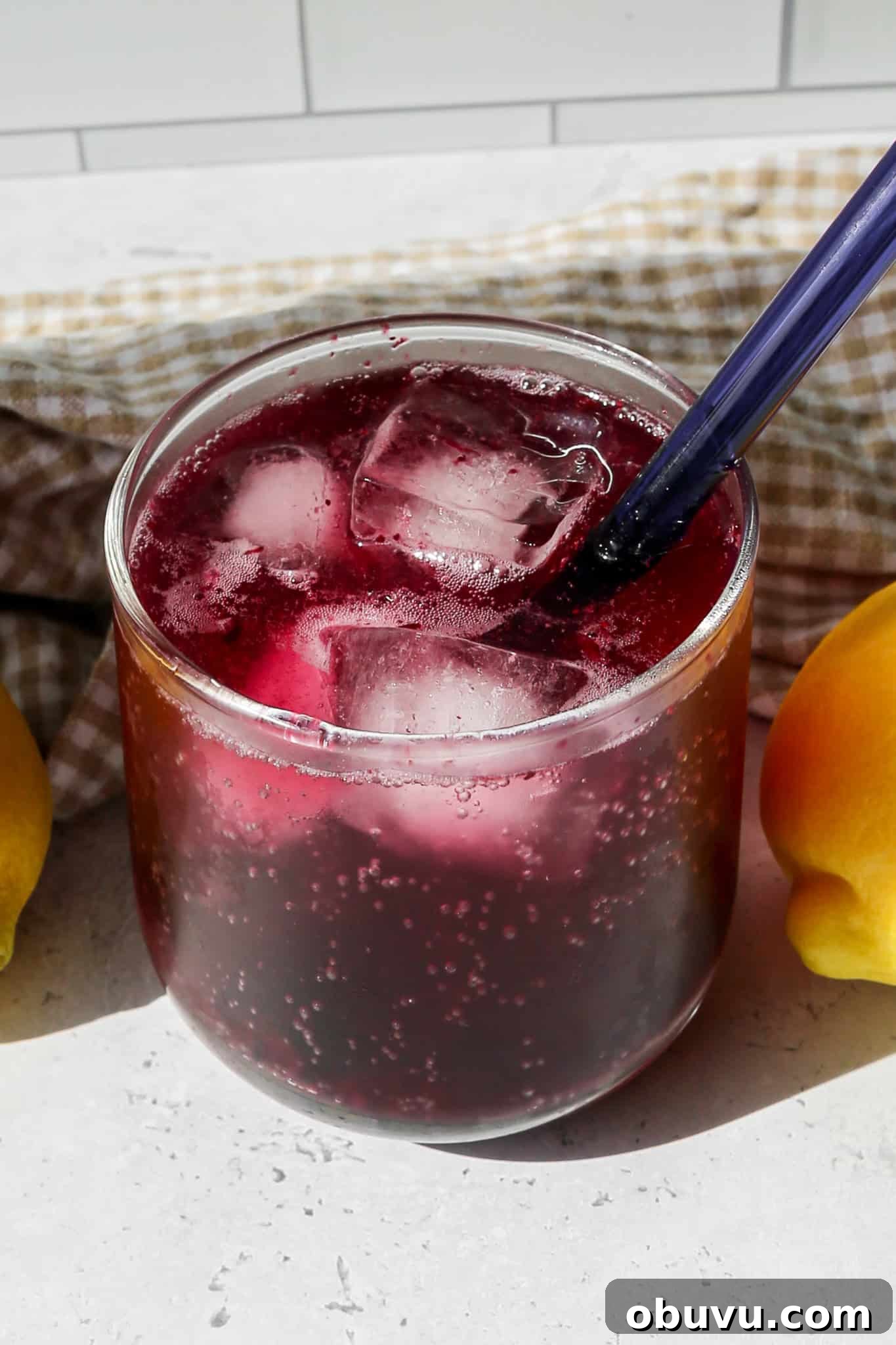 Blueberry Lemon Sparkling Mocktail Recipe for Refreshing Summer Sips 3 a short clear drinking glass of blueberry lemon sparkling mocktail over ice with a short blue straw