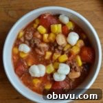 Hearty No-Bean Chili Recipe for Low-Carb Dinners 2 No Bean Chili in white bowl with mutli colored table cloth. Easy to make chili from www.ApronFreeCooking.com