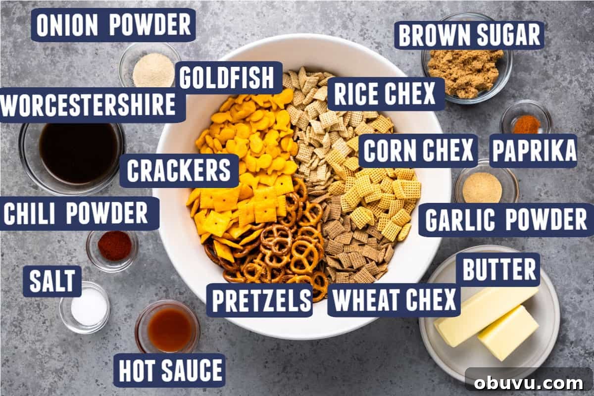 Texas Trash Spicy Chex Mix Recipe — Sweet, Smoky & Fiery 3 Ingredients needed to make a spicy chex mix laid out on the counter.