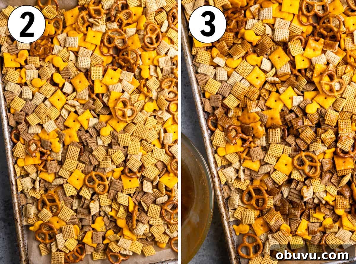 Texas Trash Spicy Chex Mix Recipe — Sweet, Smoky & Fiery 5 Chex mix before spicy butter added and then after.