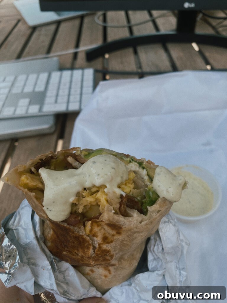 Skier’s Breakfast Burrito from Beaumont Bakery — Mountain Mornings 4 Breakfast burrito with sauce