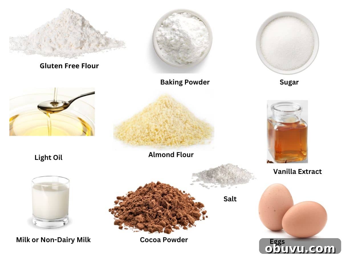 Photos of the ingredients used to make the chocolate mug cake.