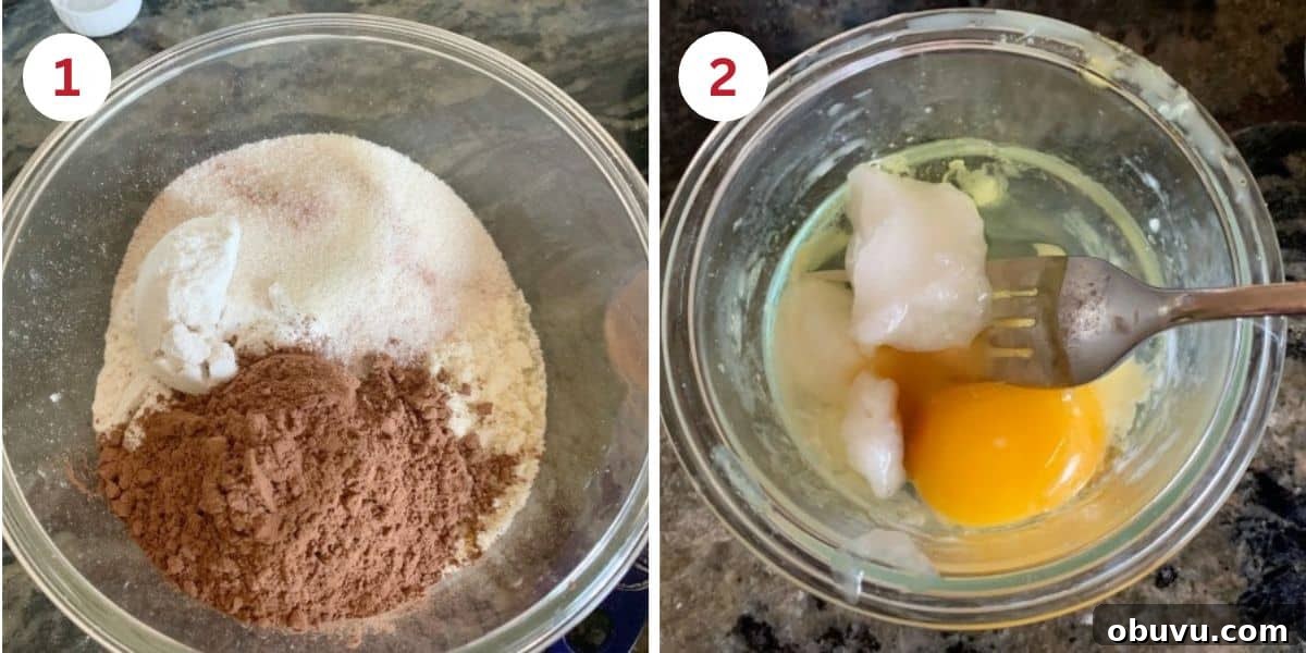 Photos mixing the wet and dry ingredients in separate bowls.