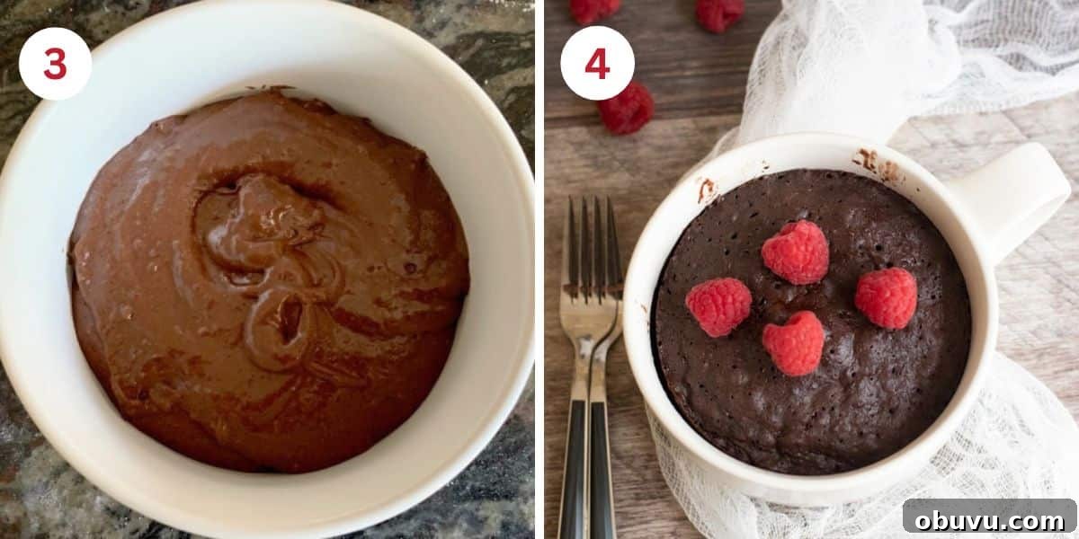 Photos of the cake batter in the mug and the microwaved cake in the mug.