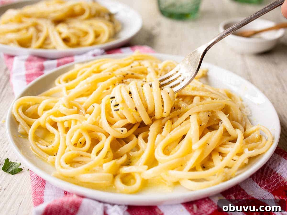 Linguine pasta on a plate with some strands rolled around a fork.