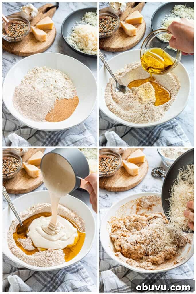 Process of making sourdough crackers: ingredients in bowl, pouring in olive oil and discard, and adding Parmesan.