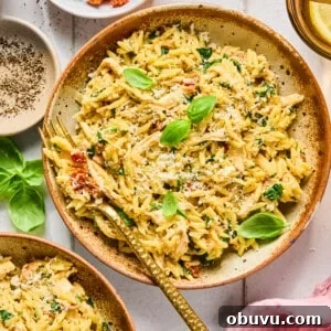 Gluten-Free Marry Me Chicken with Creamy Orzo 14 Marry Me Chicken Orzo in a bowl with a fork surrounded by ingredients and a pink napkin