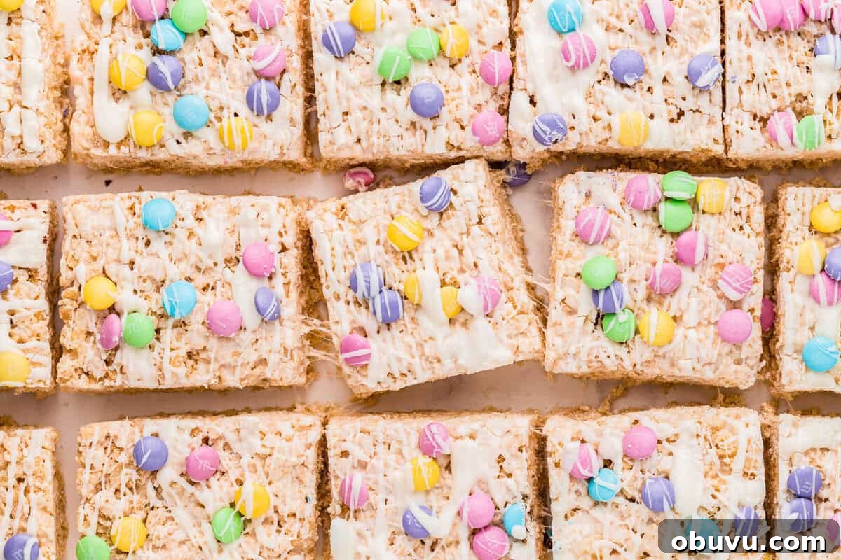 Easter Rice Krispie Treats Recipe with Colorful Spring Decorations 11 Easter Rice Krispies Treats cut into squares.