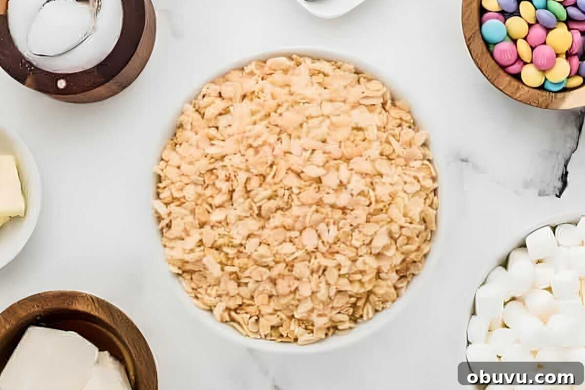 Easter Rice Krispie Treats Recipe with Colorful Spring Decorations 5 Ingredients for Easter Rice Krispies treats.