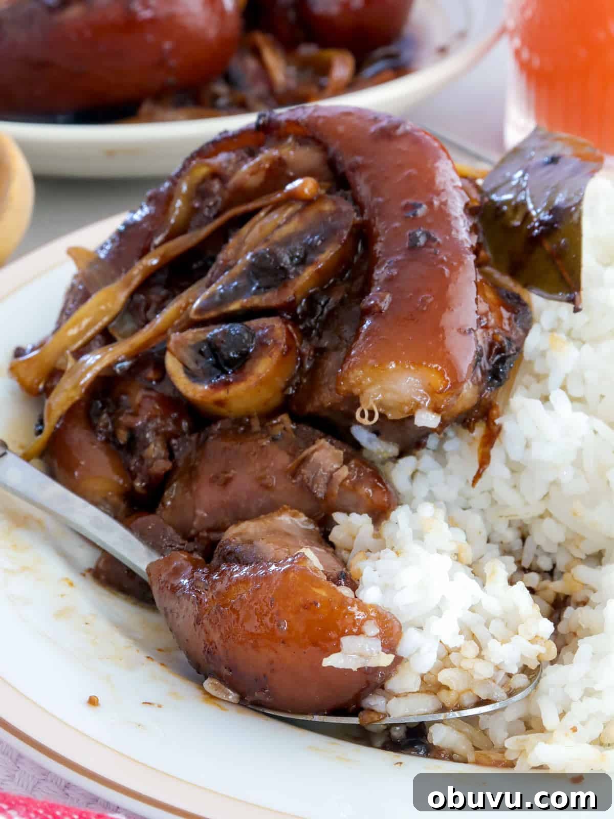 Filipino Pork Hock Paksiw Recipe – Tangy Vinegar Stew 6 patang paksiw over steamed rice on a white plate