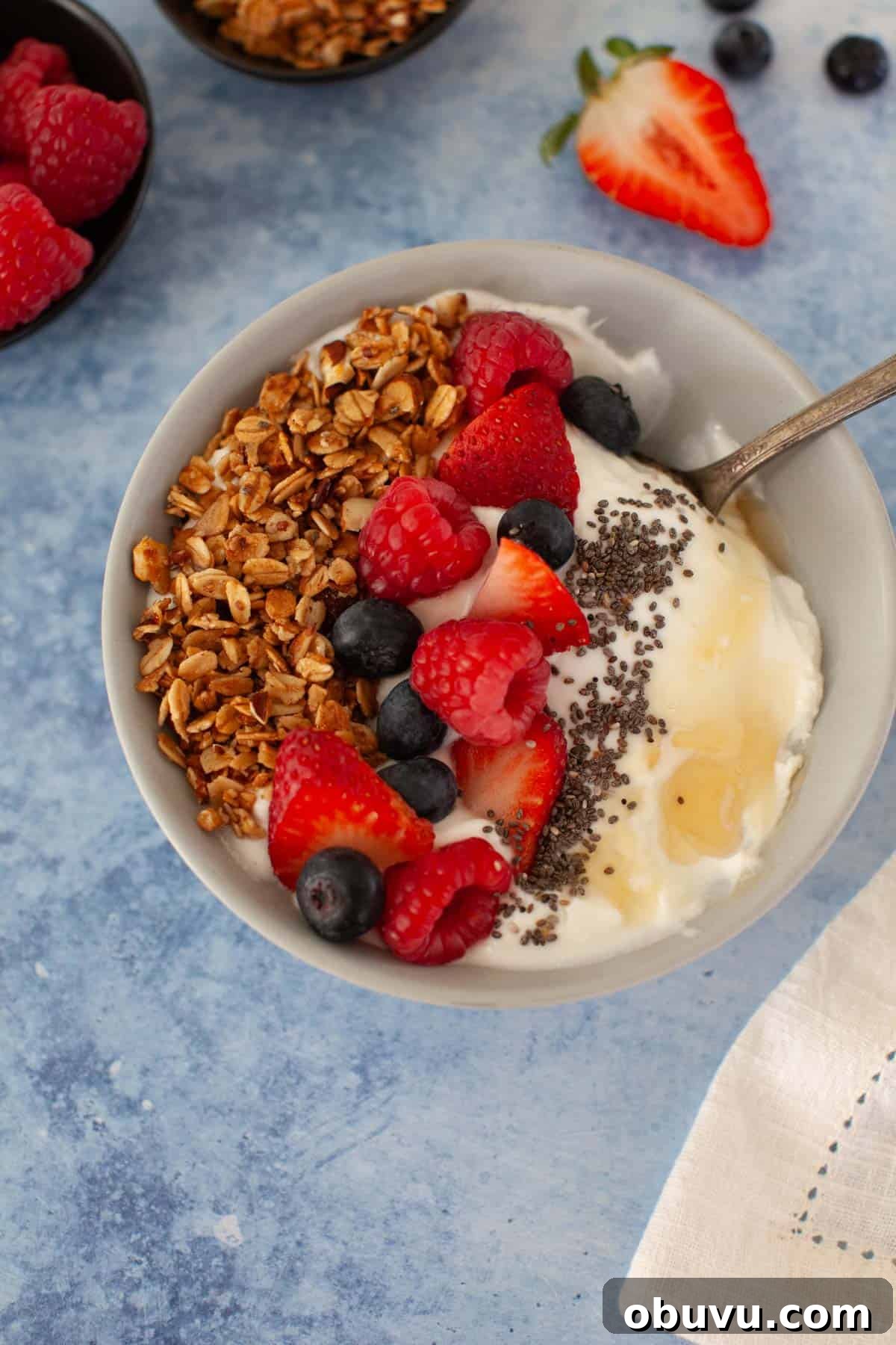 Refreshing Yogurt and Granola Bowl Recipes for Every Morning 11 Yogurt bowl on a blue countertop with granola, berries, chia seeds, and honey.
