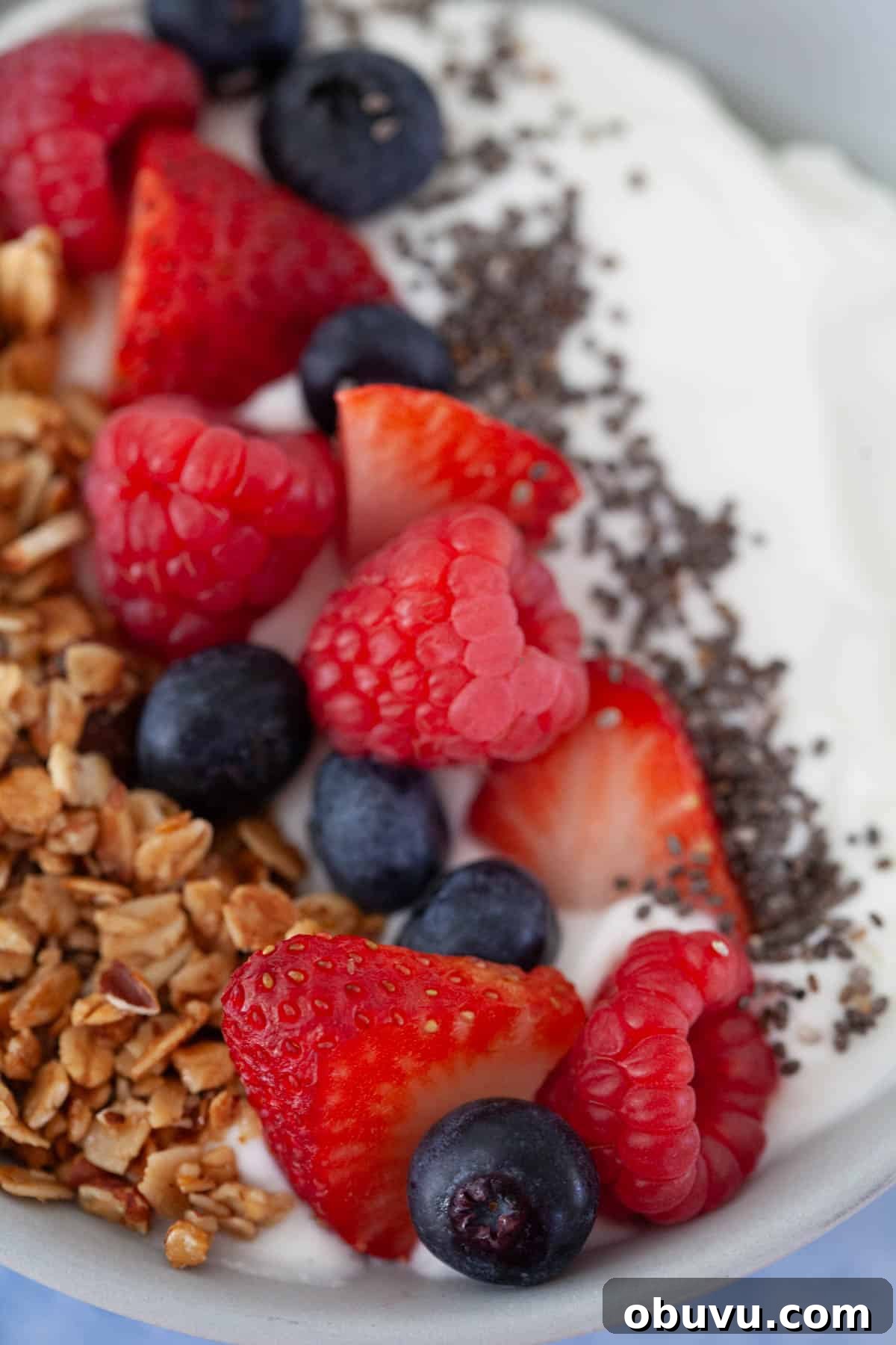 Refreshing Yogurt and Granola Bowl Recipes for Every Morning 9 A bowl with yogurt, granola, berries and chia seeds.