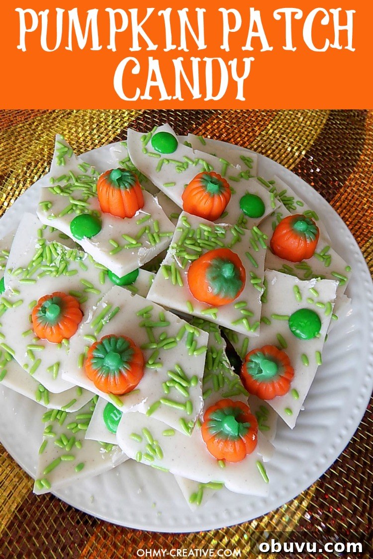 Creative Recipes for Using Leftover Halloween Candy 7 Pumpkin Patch Candy Bark with pumpkin spice flavors - a fall favorite.