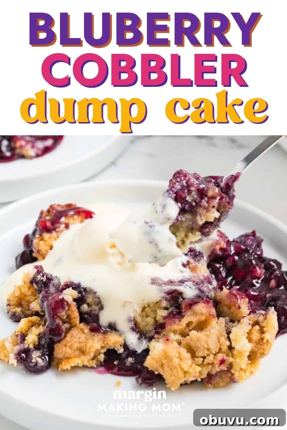 Blueberry Cobbler Dump Cake Made with Muffin Mix 2 A serving of easy blueberry cobbler dump cake on a white plate, topped with a scoop of melting vanilla ice cream. A spoon lifts a bite out of the serving.