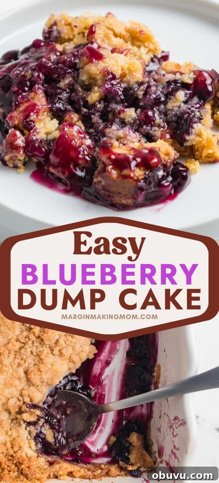 Blueberry Cobbler Dump Cake Made with Muffin Mix 11 two photos; one shows a serving of muffin mix blueberry cobbler on a white plate; the other shows a spoon scooping a helping out of the baking dish of cobbler.