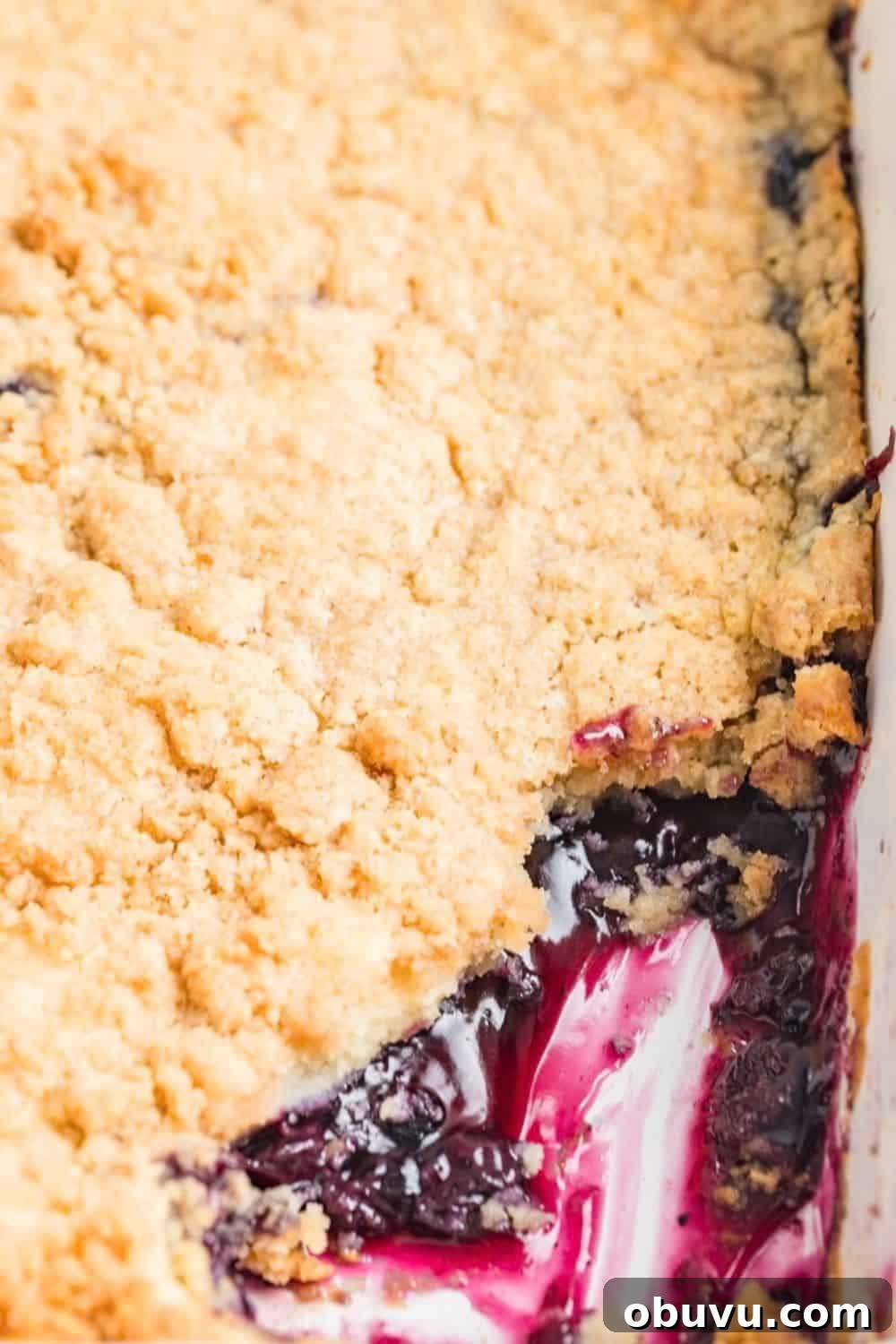 Blueberry Cobbler Dump Cake Made with Muffin Mix 4 a dish of blueberry dump cake, with some of the dessert scooped out of the dish, showing the warm filling under the golden crust.
