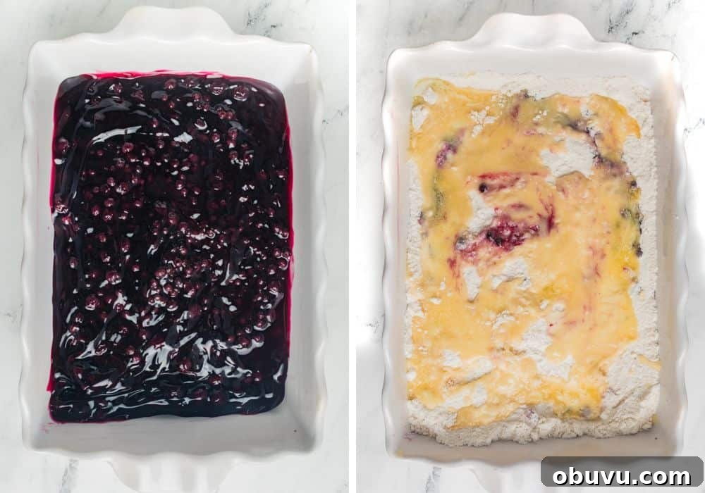 Blueberry Cobbler Dump Cake Made with Muffin Mix 6 Two photos; one shows blueberry pie filling in a white baking dish; the other shows muffin mix and melted butter over the pie filling.