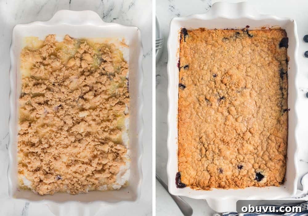 Blueberry Cobbler Dump Cake Made with Muffin Mix 8 two photos; one shows streusel topping over the melted butter in the baking dish; the other shows the freshly baked dump cake made with blueberry muffin mix.