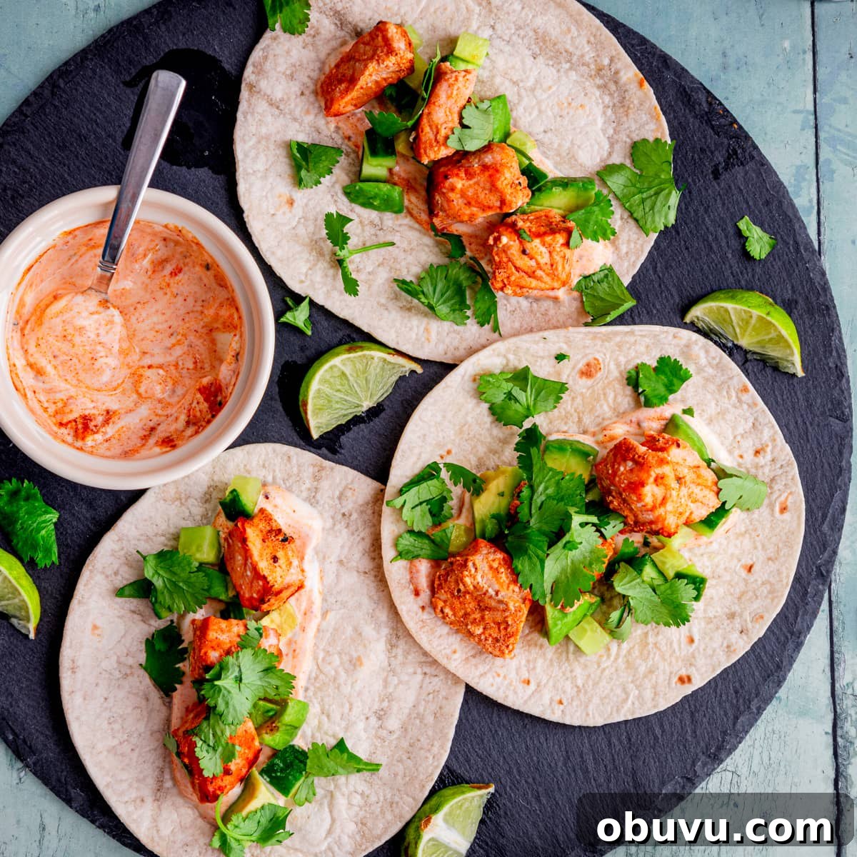 Three air fried tandoori salmon tacos