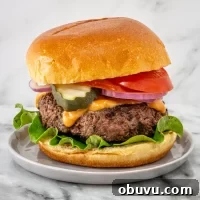 Juicy Mozzarella-Stuffed Burgers with Crispy Basil and Tomato 2 Succulent beef burger with fresh vegetables and melted cheese on toasted bun.