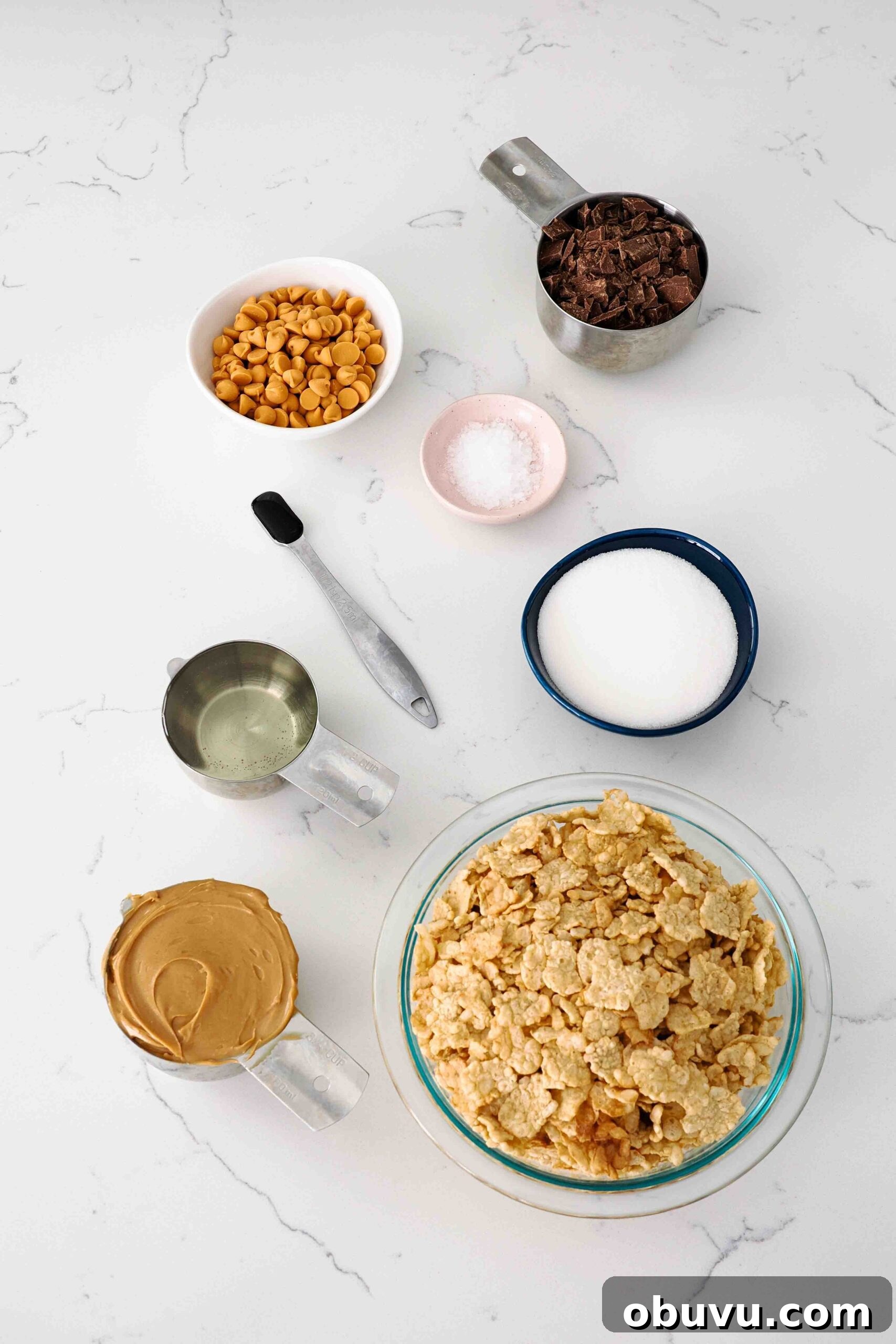 Aunt Deb’s Special K Bars Recipe — Crispy Cereal Treats 3 Ingredients for Special K bars on a quartz counter.
