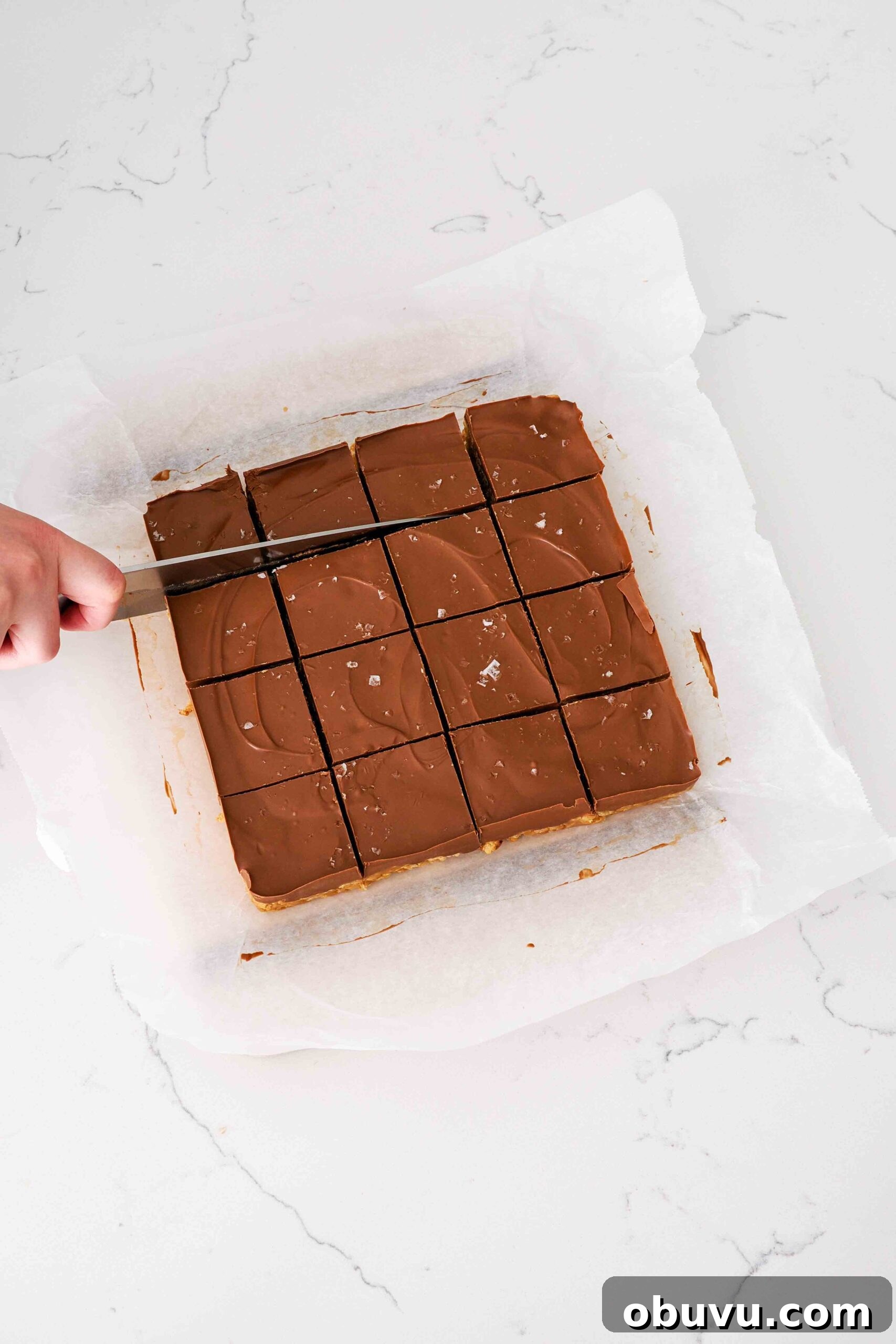 Aunt Deb’s Special K Bars Recipe — Crispy Cereal Treats 9 A knife cuts into Special K bars.