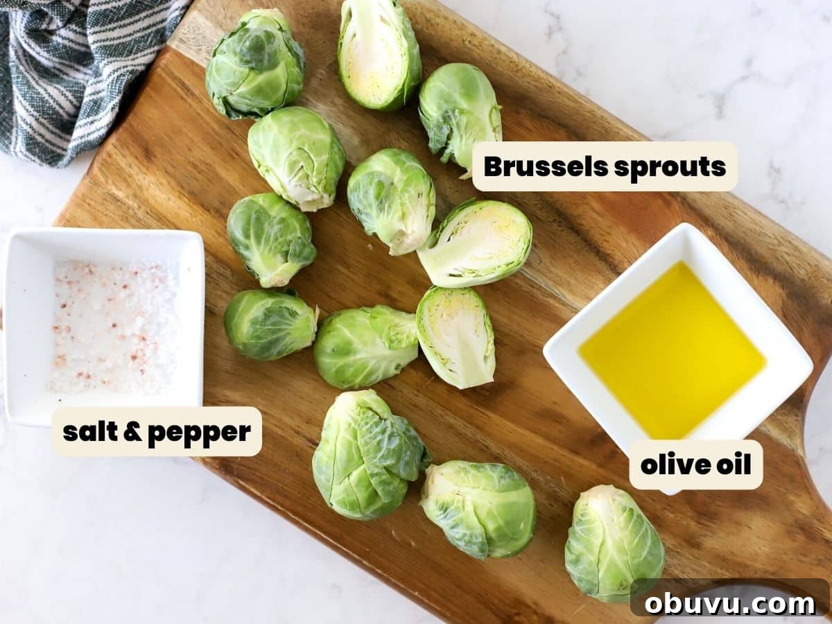 Crispy Oven-Roasted Brussels Sprouts with Balsamic Glaze 3 The ingredients to roast Brussels sprouts on a cutting board.
